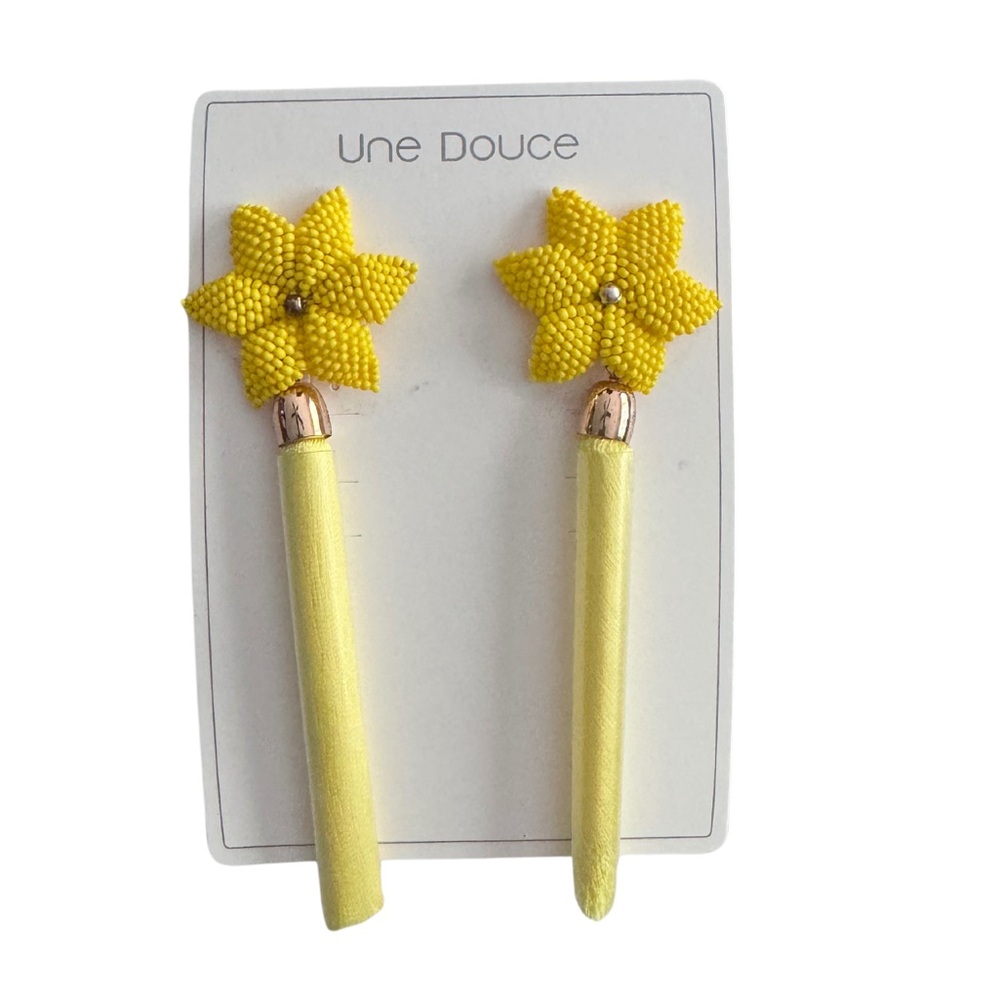 🆕 NIB Una Douce Flower Beaded Tassel Statement Earrings In Yellow